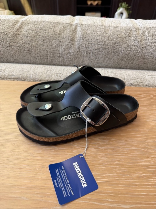 Birkenstock Shoes - Birkenstock Black Gizeh Thong Sandals with Silver Buckle